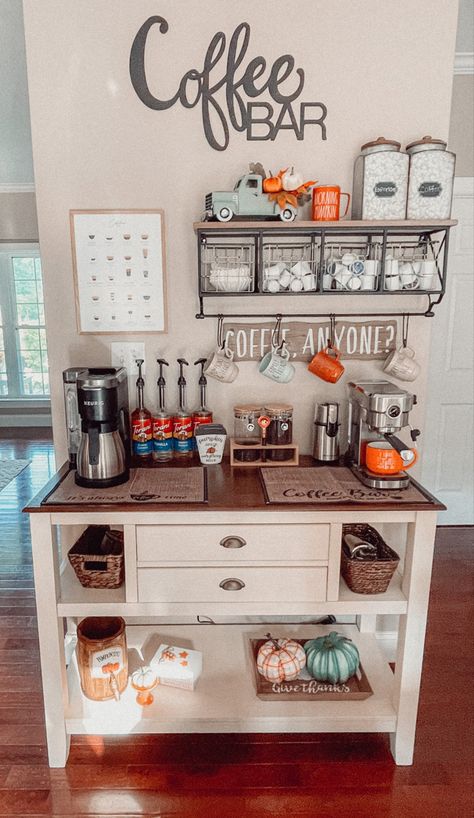 Fall coffee bar, fall decor, coffee bar, farmhouse coffee bar, teal and orange fall Renovating Apartment, Coffee Bar Ideas Kitchen, Coffee Bar In Kitchen, Bar In Kitchen, Bars Ideas, Coffee Bar Ideas Kitchen Counter, Bar Farmhouse, Kitchen Coffee Bar, Coffee/wine Bar