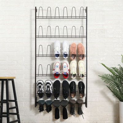 Shoe Wall Organizer, Garage Shoe Storage, Shoe Rack Metal, Mounted Shoe Rack, Wall Shoe Rack, Tiered Shelves, Stairwell Wall, Wall Mounted Shoe Storage, Wall Mounted Shoe Rack