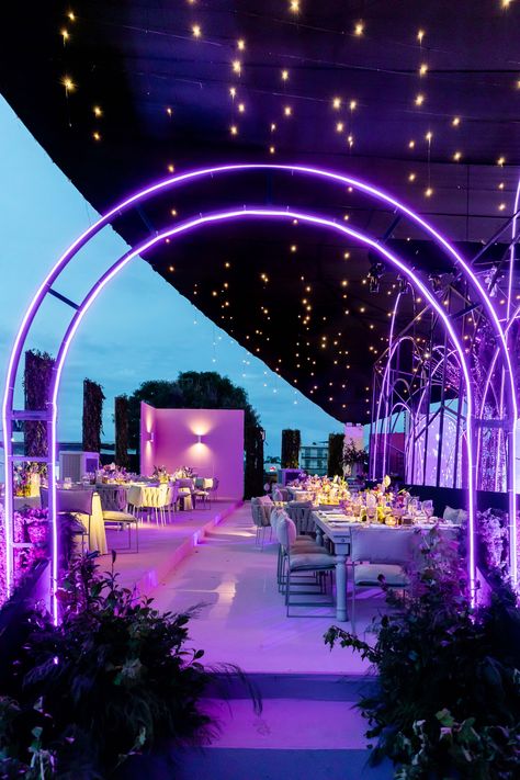 Forest Entrance, Neon Party Themes, Pink Purple Party, Event Entry, Dreamy Forest, Event Entrance, Party Entrance, Lights Wedding Decor, Purple Party