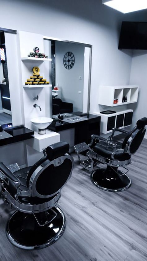 Barber School Aesthetic, Berber Shop Design, Barbering Shop Design, Barbershop Design Interior Modern, Barbershop Design Interior Small Spaces, Aesthetic Barbershop, Barbershop Design Interior Ideas, Hair Room At Home, Barber Studio Ideas