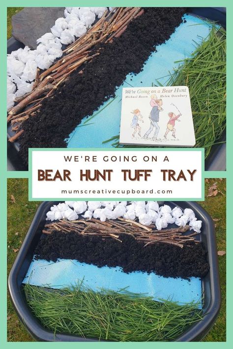 Tuff Tray ideas for toddlers and preschoolers for creative storytelling are my favourite! This We're going on a bear hunt tuff tray is perfect for toddlers and preschoolers alike. It's an easy toddler sensory activities with lots of different textures and it's a great were going on a bear hunt activities eyfs friendly too! I'd love to see if you have a go at this imaginative play activity #tufftray #weregoingonabearhunt #creativestories #eyfs Bear Hunt Activities Eyfs, Bear Hunt Tuff Tray, Bear Hunt Printables, Tuff Tray Ideas For Toddlers, Pfp Bear, Bear Hunt Activities, Tuff Tray Ideas Toddlers, Tuff Tray Ideas, Going On A Bear Hunt