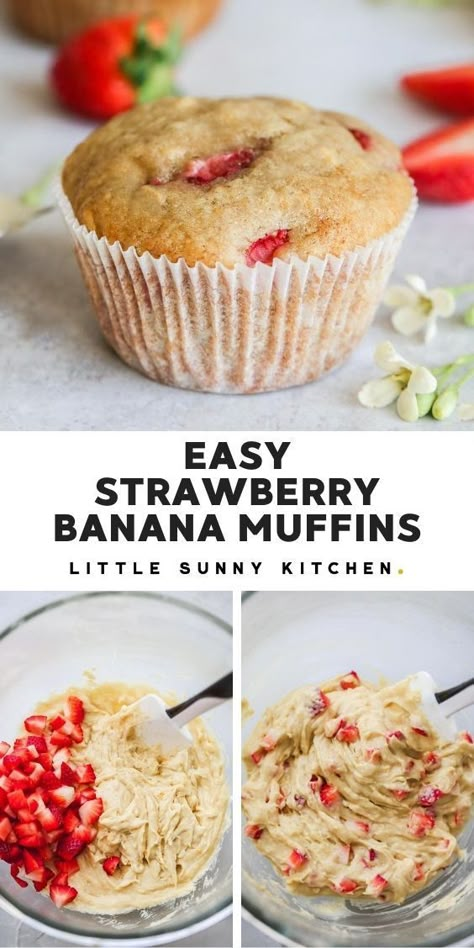 Banana And Strawberry Muffins, Strawberry Banana Muffins Easy, Yummy Banana Recipes, Strawberry And Banana Muffins, Strawberry Banana Muffins Healthy, Strawberry Banana Muffins For Baby, Fruit Muffins Easy, Strawberry Banana Desserts Easy, Strawberry Baking Ideas