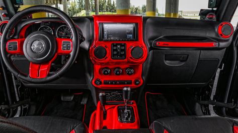 Show King - Black JK with Red Accents on Large Wheels Red Jeep Wrangler Unlimited, Red Jeep Wrangler, Jeep Interiors, Red Jeep, Jeep Decals, Jeep Camping, 2016 Jeep Wrangler, Jeep Wrangler Accessories, Car Deco