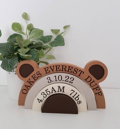 This cute engraved Bear shaped rainbow stack is the perfect new baby gift for a woodland or adventure/tribal themed bedroom or nursery. Hand painted in browns and cream it measures approx 11 cm high and 21 cm wide. Please add details in the personalisation box starting from the largest section making sure to double check all spellings etc as the bear will be engraved exactly as written. Bear Nursery Boy, Teddy Bear Nursery Theme, Bear Nursery Theme, Teddy Nursery, Baby Bear Nursery, Nursery Ideas Boy, Baby Boy Bear, Teddy Bear Nursery, Baby Boy Nursery Themes