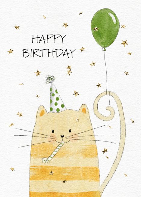 Birthday Wishes Watercolor, Cute Birthday Card Illustration, Cat Birthday Card Watercolor, Birthday Card Ideas With Cats, Cat With Birthday Hat Drawing, Cat Drawing Birthday Card, Painted Birthday Card Ideas, Watercolor Cards Ideas Simple Birthday, Easy Watercolor Cards Ideas Birthday