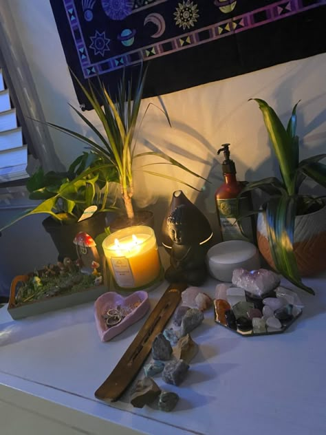 crystals, candles, incense, and more Crystal Apartment Aesthetic, Incense And Crystals, Crystals And Candles, Crystal Corner In Room, Cristal Candles, Crystal Set Up Bedroom, Crystal Room Ideas, Spell Room, Crystals Room