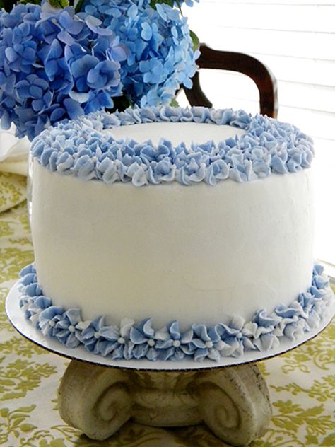 Hydrangea Birthday Cake, Blue And White Cake Birthdays, Blue And White Cake Design, Blue And White Birthday Cake, Birthday Cake For Women, Lunchbox Cake, Hydrangea Cake, Southington Connecticut, Round Birthday Cakes