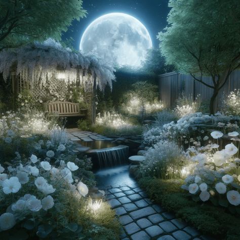 Moonlit Garden Theme, Moon Gardens At Night, Whimsical Front Yard, Moon Garden At Night, Moon Garden Ideas, Night Time Garden, Moon Gardening, Nighttime Garden, Cloud Garden