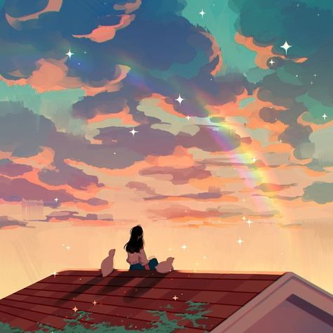 jauni / tofublock 🌻 on Instagram: "after rain 🌈⁣ ⁣ (another reminder that there are still a few days left to sign up for my workshop! link in bio~)⁣ ⁣ #art #drawing #illustration #painting #landscape #sky #clouds #rainbow #roof #view #ducks #aesthetic #colours" Rain Illustration, Rainbow Drawing, Cloud Illustration, Sky Anime, Rain Painting, Rain Art, Rainbow Painting, After Rain, Rainbow Sky