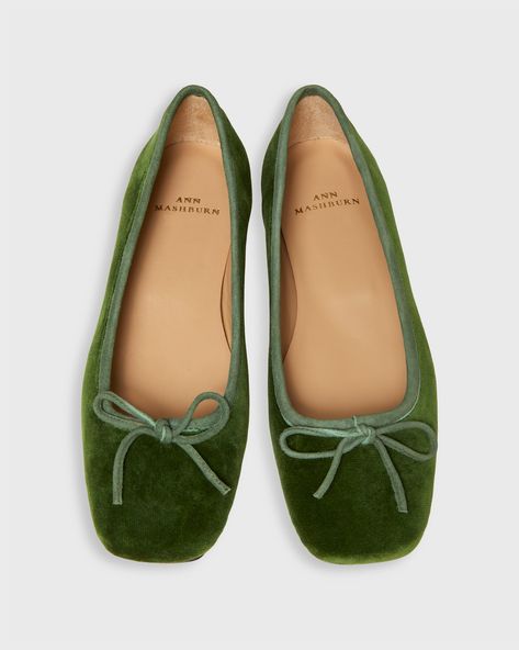 Square-Toe Ballet Flat in Avocado Velveteen | Shop Ann Mashburn Winter Shoes For Women Work Business Casual, Ballet Flats 2024, Women’s Shoes, Styling Flats, Green Ballet Flats, Outfit Rotation, Cheetah Print Flats, Ann Mashburn, Green Clothing