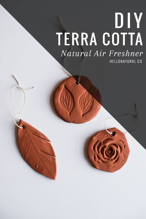 DIY Terra Cotta Air Fresheners with Essential Oils | HelloNatural.co Diy Parfum, Diy Air Freshener, Clay Pendants, Natural Air Freshener, Air Dry Clay Projects, Diffuser Jewelry, Cadeau Diy, Clay Ornaments, Diy Essential Oils