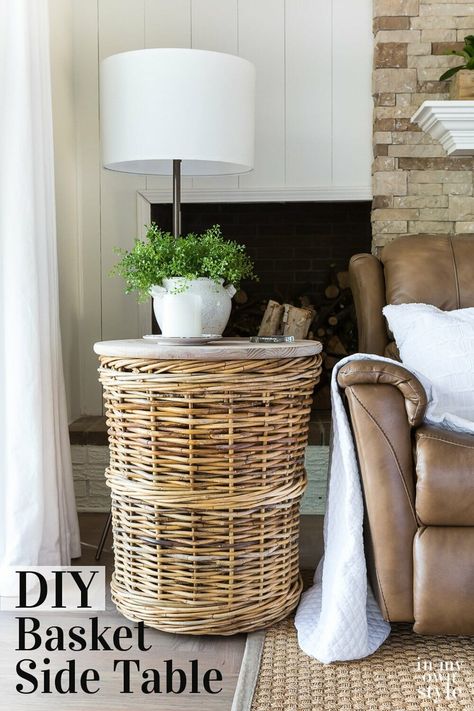 This diy end table or side table is easy to make using a wicker basket and a pre-made wood top from the home improvement store. Side table decor idea that can be made in minutes, no power tools needed. Diy End Table, Large Wicker Basket, Unique Side Table, Diy Side Table, Side Table Decor, Diy End Tables, Diy Casa, Local Furniture, Living Room Side Table