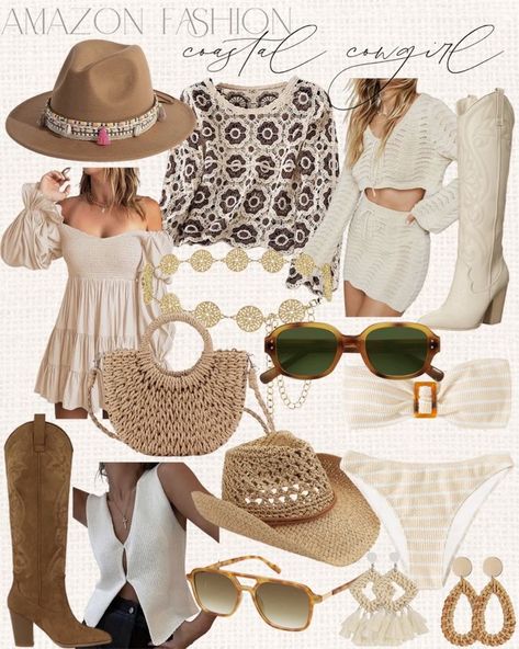 Amazon Coastal cowgirl aesthetic is trending this summer! Neutral but make it more fun! #Founditonamazon #amazonfashion #inspire Amazon fashion outfit inspiration, amazon cowgirl finds, amazon cowboy boots outfit, western outfit inspo, trendy beach finds, crochet beach finds Coastal Cowgirl Aesthetic Outfits Summer, Coastal Cowgirl Beach Outfit, Neutral Cowgirl Aesthetic, Beach Cowgirl Outfit, Coastal Cowgirl Style, Western Beach Outfit, Costal Cowgirl Aesthetic Outfits, South Outfits, Coastal Cowgirl Aesthetic Outfits