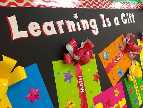 Learning is a Gift! Fun Christmas gift themed colorful classroom bulletin board display! Gift Bulletin Board, Esol Resources, Winter Displays, Stickers For Teachers, Christmas Bulletin Boards, Winter Bulletin, Colorful Classroom, School Nursing, Classroom Bulletin Board