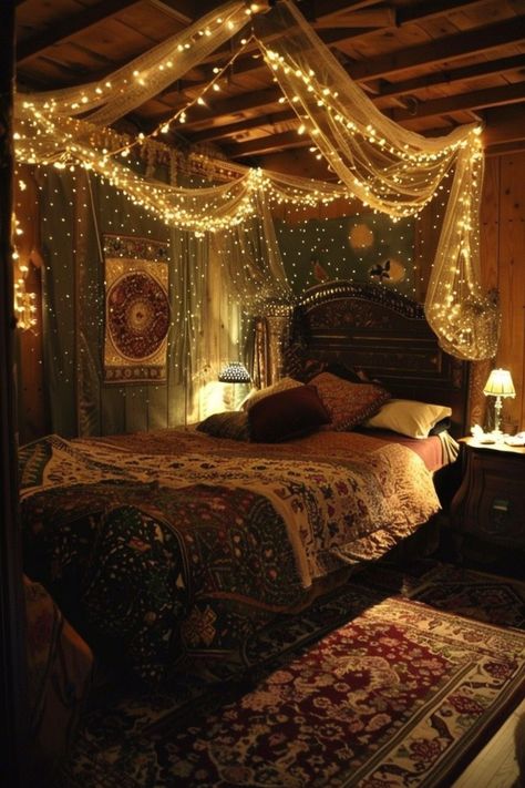 Boho Living Bedroom, Aesthetic Room Ideas Colorful, Whimsical Goth Bedroom Decor, Bedroom Decor Dorm, Dark Bedroom Cozy, Room Decor Ideas With Lights, Dark Bohemian Bedroom Decor, Whismgothic Bedroom, Dark Colored Bedrooms