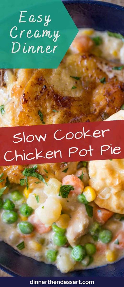 Slow Cooker Chicken Pot Pie Recipe - Dinner, then Dessert Crockpot Chicken Pot Pie With Biscuits, Lazy Chicken Pot Pie, Crockpot Chicken Pot Pie Soup, Chicken Pot Pie Crock Pot, Turkey Pot Pie Casserole, Slow Cooker Chicken Pot Pie Recipe, Chicken Pot Pie Soup Recipe, Slow Cooker Chicken Pot Pie, Crockpot Chicken Pot Pie