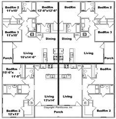 Four Plex Floor Plans, Multi Unit Housing, Quad Plex Floor Plans, Quadruplex Apartment, Fourplex Floor Plans, 4plex Apartment Plans, 4 Plex House Plans Single Story, Quadplex Floor Plans Single Story, 4 Unit Apartment Building Plans