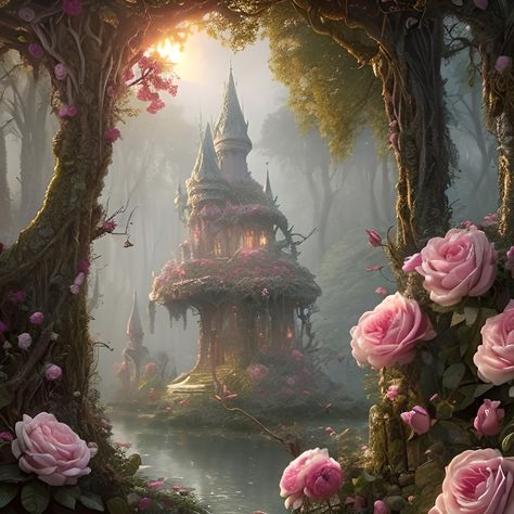 Enchanted Castle Aesthetic, Fairy Land Magical Forest Aesthetic, Fairy Castle Aesthetic, Pink Fantasy Aesthetic, Pink Enchanted Forest, Castle In Forest, Pink Fairy Aesthetic, Enchanted Forest Aesthetic, Prythian Courts