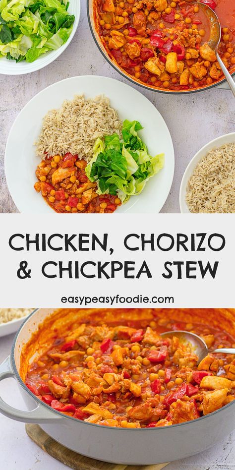 Batch Cook Recipes, Chicken Batch Cook Recipes, Batch Cooking Recipes Healthy, Easy Batch Meals, Chicken And Chickpea Recipes, Chickpeas Stew, Healthy Batch Cooking, Batch Cooking Freezer, Chorizo Stew