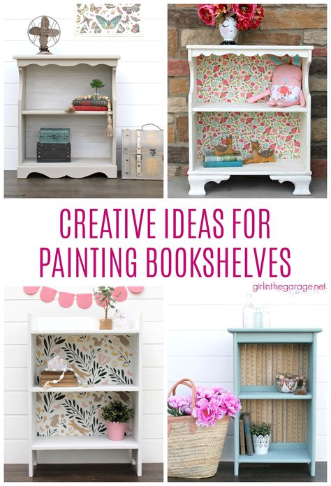 Discover amazing creative ideas for painting bookshelves - including stencils, decoupage, whitewashing, and more. Hand painted bookcase ideas by Girl in the Garage Painted Bookcase Ideas, Painted Back Bookshelves, Painting Bookshelves, Girls Bookcase, Painted Bookcase, Shelf Makeover, Bookcase Ideas, Bookshelf Makeover, Bookcase Makeover