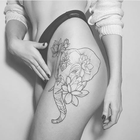 Elephant Thigh Tattoo, Thigh Tattoo Ideas, Tattoo Elephant, Tattoo Ideas Inspiration, Tattoos Pinterest, Lotus Flower Tattoo Design, Elephant Tattoo Design, Elephant Tattoo, Thigh Tattoos Women