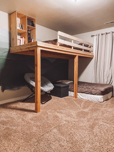 DIY Loft Bed for the (pre) teenager – chelsiebrady Simple Loft Bed Diy, King Size Loft Bed Diy, Twin Loft Bed With Desk Diy, Diy Loft In Bedroom, Diy King Loft Bed, 2x4 Loft Bed Diy, Loft Bed With Futon Underneath, Low Ceiling Loft Bed, Twin Loft Bed Ideas For Small Rooms Diy