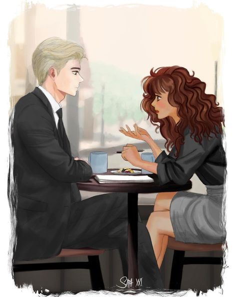 Dramione remain nameless fanart lunch date hermione granger and draco malfoy Remain Nameless Dramione, Dark Academia Couple, Remain Nameless, Dramione Art, Ron Weasley Hermione Granger, Draco Malfoy Fanart, Dramione Fan Art, Draco And Hermione, Tom Felton Draco Malfoy