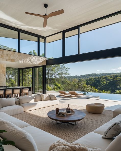 Hidden in Byron Hinterland, our modern oasis is where sleek design meets untouched nature. Every sunrise feels like a fresh breath of inspiration, and every corner invites you to unwind. Welcome to where nature and luxury live in perfect harmony. 🌅✨ #ByronHinterland #ModernOasis #LuxuryLiving #escapetoparadise Natural Light Home, Byron Hinterland, Oasis Design, Untouched Nature, Architecture Model House, Bungalow Design, Concept Home, Open Living Room, Countryside House