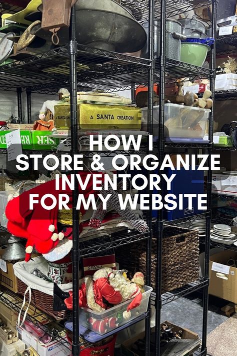 How I Store & Organize Thousands of Items For My Website - The Junk Parlor Shipping Organization Ideas, The Junk Parlor, Ebay Storage Ideas, Ebay Seller Organization, Reseller Organization Room, Organize Party Supplies, Organize Storage Unit, Organize Pot Lids, Store Room Ideas