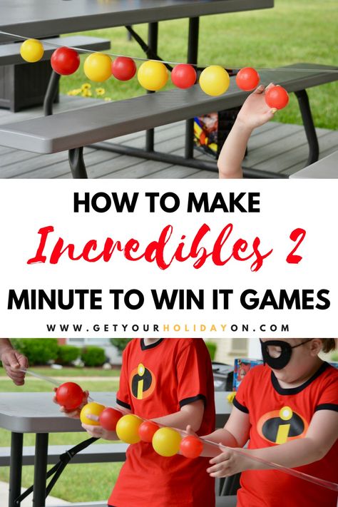 Minute to Win It Incredibles Party Games #party #minutetowinit #momlife #Disney Disney Party Games, Incredibles Party, Incredibles Birthday Party, Princess Party Games, Indoor Birthday Parties, Diy Party Games, Carnival Games For Kids, Disney Activities, Incredible 2