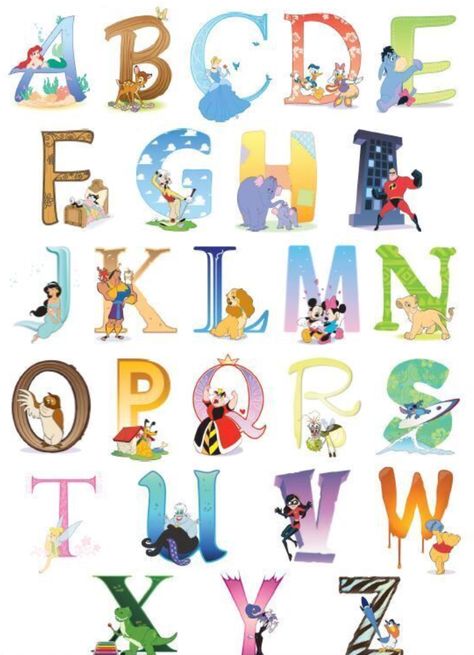 Disney Characters Letters, Disney Playroom, Alphabet Disney, Disney Themed Nursery, Alfabeto Disney, Disney Letters, Abc Patterns, Disney Alphabet, Alphabet Chart