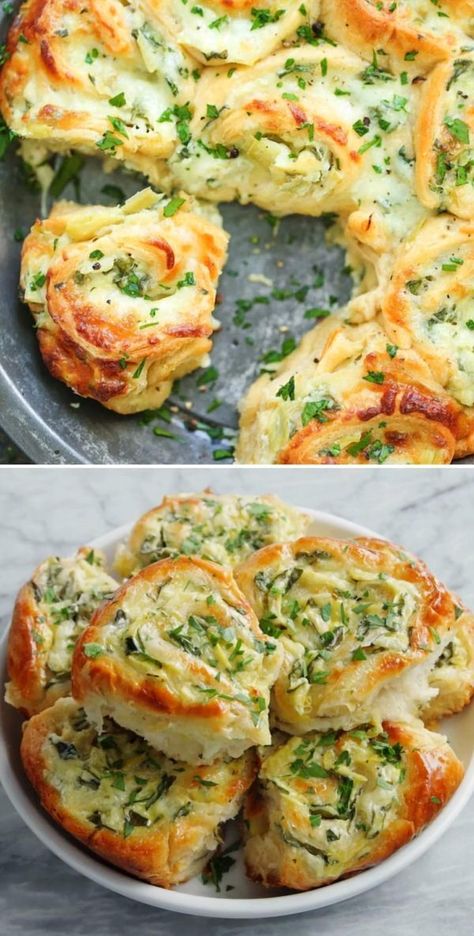 Looking for a crowd-pleasing snack for your next gathering? Try these crescent roll-ups filled with a rich and cheesy spinach and artichoke dip. This effortless pinwheel recipe is sure to be a hit, offering a tasty finger food option that everyone will love. Spinach And Artichoke Pinwheels, Spinach Artichoke Pinwheels, Artichoke Pinwheels, Pinwheel Recipe, Spinach And Artichoke Dip, Cheesy Spinach, Pinwheel Recipes, Finger Foods Easy, Appetizers Easy Finger Food