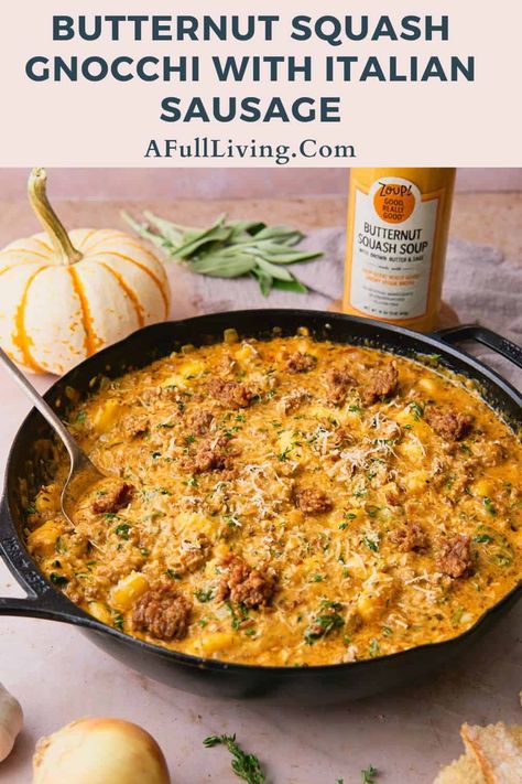 As autumn rolls in, warm up your kitchen with this cozy Creamy Butternut Squash Gnocchi with Italian Sausage! Everything comes together in one skillet and cooks in under 30 minutes, for a hearty and delicious meal that's so comforting! Italian Friendsgiving, Creamy Butternut Squash Gnocchi, Chicken And Pumpkin Risotto, Gnocchi With Italian Sausage, Butternut Squash Gnocchi, Squash Gnocchi, Pumpkin Pasta Sauce, Gluten Free Gnocchi, Creamy Butternut Squash