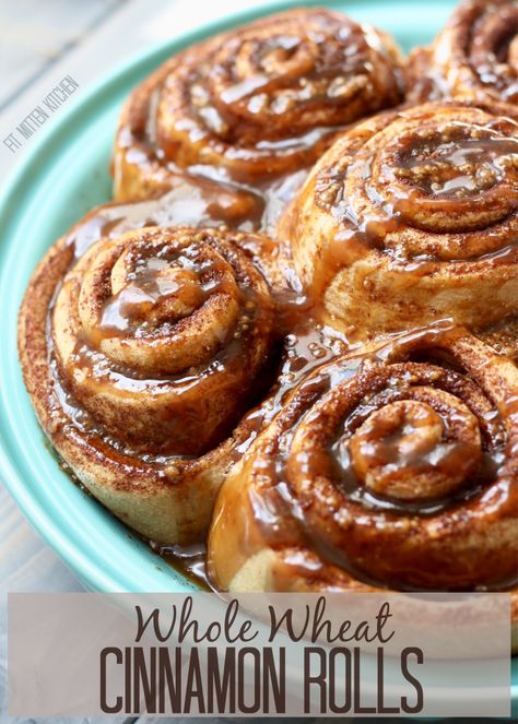 Whole Wheat Flour Cinnamon Rolls, Healthy Breakfast Cinnamon Rolls, Whole Wheat Cinnamon Rolls, Wheat Cinnamon Rolls, Caramel Glaze Recipe, Salted Caramel Glaze, Healthy Cinnamon Rolls, Fit Mitten Kitchen, Cinnamon Hair