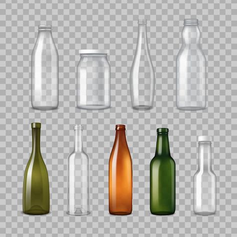 Realistic glass bottles transparent set ... | Free Vector #Freepik #freevector #abstract Red Smoothie, Beer Illustration, Milk Splash, Drinks Packaging Design, Bottle Images, Fruit Vector, Wine Bottle Corks, Fruit Wine, Red Wine Bottle