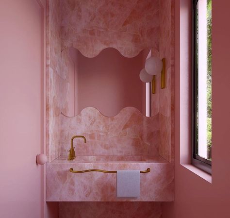 Hello pink - bathroom heaven. 💕 #designhunger #bathroominspiration #bathroomdesign #pinkbathroom #pinkinterior | Instagram Pink Powder Bathroom, Pink Quartz Bathroom, Rose Quartz Bathroom, Bathroom Colourful, Modern Pink Bathroom, Pink Powder Room, Pink Interiors, Moodboard Pink, Estilo Kitsch