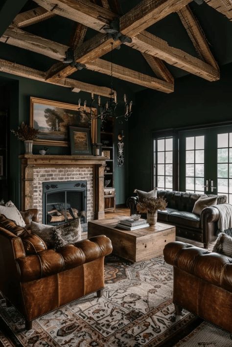 45  Dark Green Living Room Ideas to Create a Luxe Atmosphere Green Living Room Leather Couch, Forest Green Home Interior, Green Antique Living Room, Green And Brown Farmhouse Living Room, Dark Wood Floor Green Walls, Dark Green Interior Paint, Dark Green Media Room, Moody Colorful Living Room, Dark Green And Burnt Orange Living Room