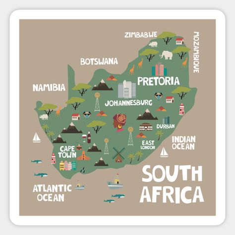 Modern illustrated map from South Africa country -- Choose from our vast selection of magnets to match with your desired size to make the perfect custom magnet. Pick your favorite: Movies, TV Shows, Art, and so much more! Available in two sizes. Perfect to decorate your fridge, locker, or any magnetic surface with. South Africa Illustration, South Africa Art, South Africa Map, Map Sticker, Map Artwork, Africa Do Sul, South Africa Travel, Africa Map, Illustrated Map