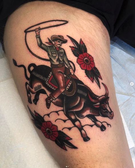 American Traditional Cowboy, January Tattoo, Deer Head Tattoo, Cowboy Tattoo, Bull Skull Tattoos, Bull Tattoo, Cowgirl Tattoos, Cowboy Tattoos, American Traditional Tattoo Ideas