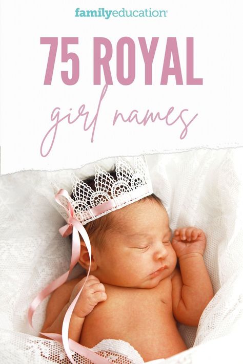 We put together the ultimate list of 75 royal girl names for your little princess on the way! Included are name meanings and name origin. Disney Princess Names List, Tiara Name Meaning, Names Meaning Princess, Royalty Names Daughters, Princess Names For Baby Girl, Princess Girl Names, Royal Names Girl, Princess Name Ideas, Names That Mean Princess