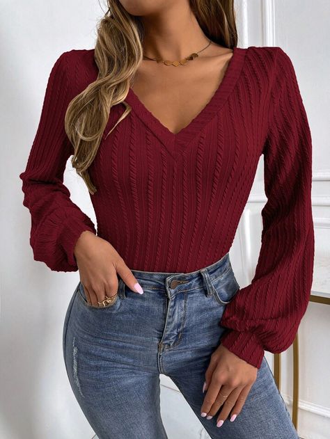 Slim Fit Top, Plus Size Sweaters, T Shirt For Women, Knit Tees, Lantern Sleeve, V Neck Blouse, Sweaters Knitwear, Lantern Sleeves, Style Elegant