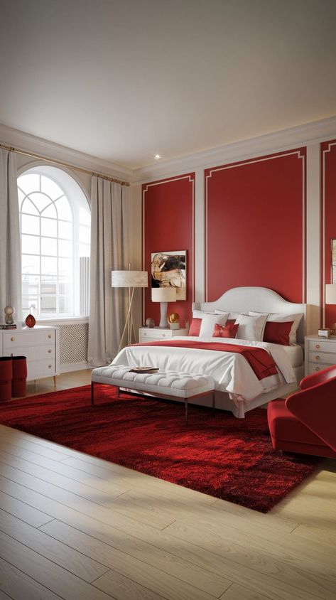 Step into this modern luxury bedroom where comfort meets style! The serene white walls and bed create a tranquil backdrop, beautifully complemented by vibrant red accents—a plush rug, chic chair, and inviting pillows that add warmth and personality. The light wood flooring and large window with soft curtains enhance the cozy atmosphere, making this space perfect for relaxation. #homedecor #bedroomredo #bedroomdecor #homedesign #fallbedroominspiration #falldecor Soft Curtains, Light Wood Flooring, Red Room Decor, Cozy Fall Bedroom, Red Bedroom, Chic Chair, Fall Bedding, Modern Luxury Bedroom, Light Wood Floors