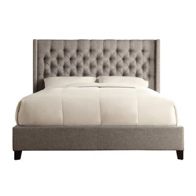 This upholstered bed adds an eye-catching focal point to your bedroom. It has a solid and engineered wood frame that rests on tapered front legs. Wrapped in linen fabric, it comes in a muted tone that works with a variety of styles and color palettes. The headboard strikes a rectangular silhouette with subtle wingback sides for a classic look we love. Foam padding provides extra cushioning as you enjoy some reading before going to sleep, and button tufting rounds out the design. Center legs and Tufted Platform Bed, King Upholstered Bed, Wingback Bed, Upholstered Panel Bed, Standard Bed, Neutral Bedroom, Upholstered Panels, Fabric Bed, Tufted Headboard