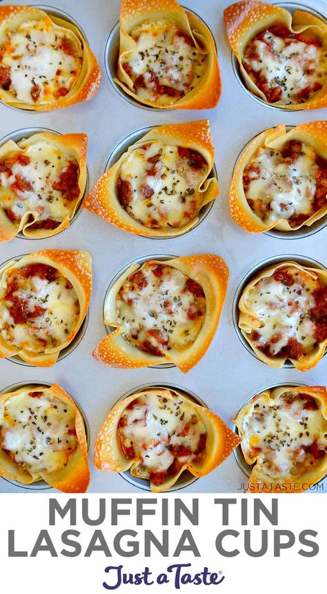 Muffin Tin Lasagna Cups come together in just 15 minutes and are loaded with three types of cheese, plus your choice of Italian sausage or veggies. Skip the noodles and grab the wonton wrappers for this handheld spin on a comfort food favorite! #appetizerrecipes #justatasterecipes Lasagna Bites, Healthy Egg Rolls, Lasagna Cups, Muffin Cups Recipes, Muffin Pan Recipes, Just A Taste, Muffin Tin Recipes, Wonton Wrappers, Pan Recipes