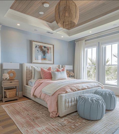 Blue Room With Pink Accents, Beach Theme Master Bed, Master Bedrooms Light Blue, Peach Coastal Bedroom, Blue Bedroom Teenage Girl, Large Guest Bedroom Ideas, Teen Beach Room Ideas, Girls Room Blue Walls, Teen Girl Beach Bedroom