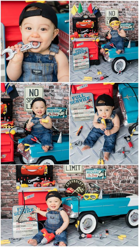 Cars Mechanic | First Birthday Session | Christy & Co. Photography Mechanic First Birthday, Mechanics Birthday Party, Cars Mechanic, Baby Mechanic, Mechanics Birthday, First Birthday Theme Boy, Monthly Baby Pictures, 1st Birthday Photoshoot, Baby Photoshoot Boy