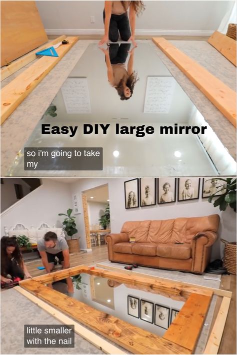 Large Mirror Wood Frame, Wooden Frame For Mirror, Build Mirror Frame, Reframing Large Mirror, Build Frame For Mirror, Framing A Large Mirror, Large Wood Mirror Bedrooms, How To Build A Mirror Frame, Large Mirror Frame Ideas