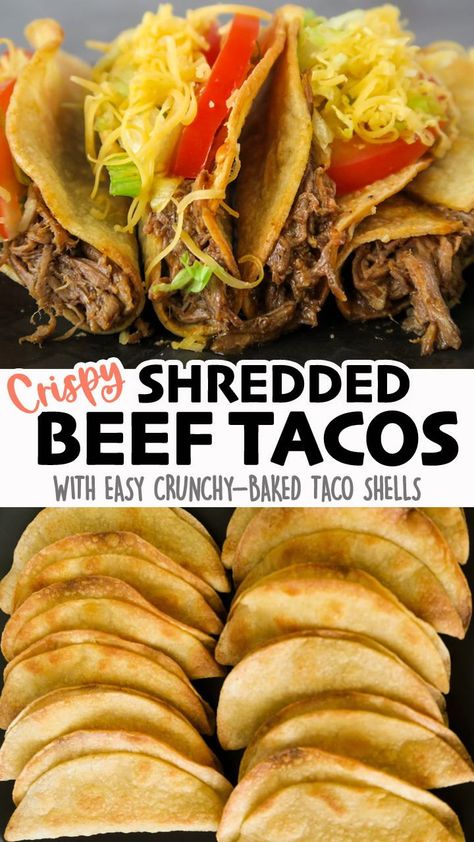 Shredded Beef Tacos with crunchy baked shells are a healthier & tastier alternative to the fried take-out kind! It's healthier, easier, and quicker to cook up a big batch of taco shells in the oven...less mess too! Click for the full detailed recipe and video! #beef #tacos #mexican #glutenfreerecipes #easyrecipe #mexicanfoodrecipes Mexican Taco Shells, Shredded Beef Tacos Oven, Oven Taco Shells, Deep Fried Shredded Beef Tacos, How To Make Crunchy Taco Shells, Shredded Beef Tacos Stove Top, Crispy Oven Baked Tacos, Shredded Beef Tacos Dorados, Oven Baked Taco Shells