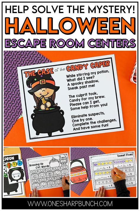 Celebrate Halloween, as you review math and literacy skills, with these highly engaging Halloween centers for kindergarten and first grade. These Halloween Escape Room activities can be used for a classroom Halloween Party or Halloween math and literacy centers. Students will practice CVC words, syllables and rhyming words. They will also practice decomposing five, patterns and building number sense with subitizing. Students will love these Halloween math centers and Halloween literacy centers! Halloween Literacy Centers, Halloween Escape Room, Thanksgiving Math Games, Halloween Math Games, Halloween Math Centers, Halloween Literacy, Thanksgiving Math Activities, Ten Frame Activities, Halloween Centers