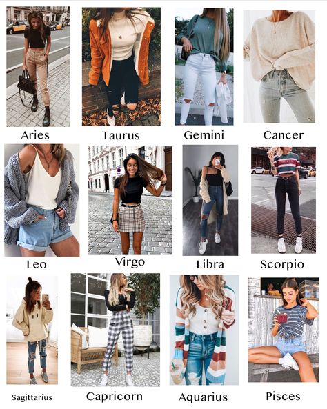 Zodiac Clothes Zodiac Style Outfits, Zodiac Outfit Chart, Zodiac Signs As Clothes, Your Zodiac Sign Is Your Outfit, Zodiac Signs Outfits Aesthetic, Outfits Based On Zodiac Signs, Zodiac Signs Outfits Style Inspiration, Zodiac Charts, Zodiac Signs Outfits